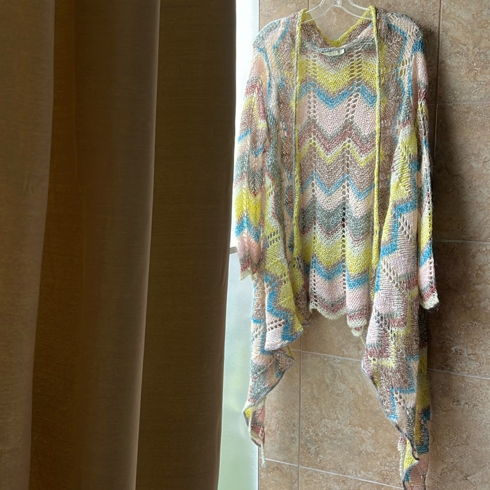 Relais Knitwear Cascading Waterfall Chevron Cardigan Wrap Loose Knit Crochet L